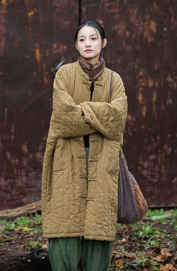 Johnature Women Chinese Style Ramie Cotton Parkas Stand Long Sleeve Winter Coats 2025 New Button Warm Plus Cotton Long Parkas