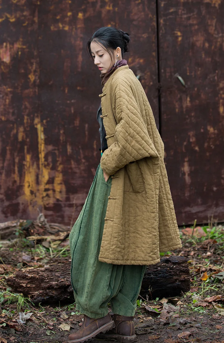 Johnature Women Chinese Style Ramie Cotton Parkas Stand Long Sleeve Winter Coats 2025 New Button Warm Plus Cotton Long Parkas