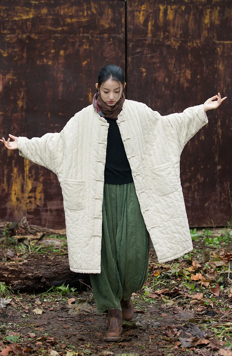 Johnature Women Chinese Style Ramie Cotton Parkas Stand Long Sleeve Winter Coats 2025 New Button Warm Plus Cotton Long Parkas