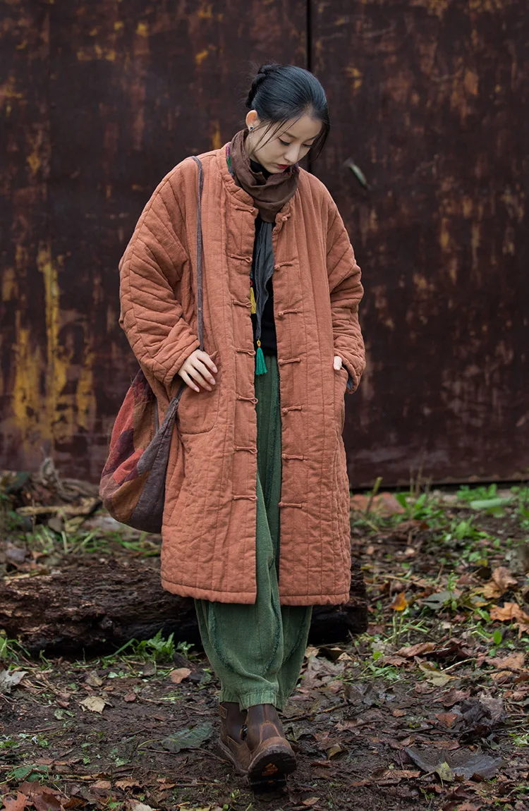 Johnature Women Chinese Style Ramie Cotton Parkas Stand Long Sleeve Winter Coats 2025 New Button Warm Plus Cotton Long Parkas