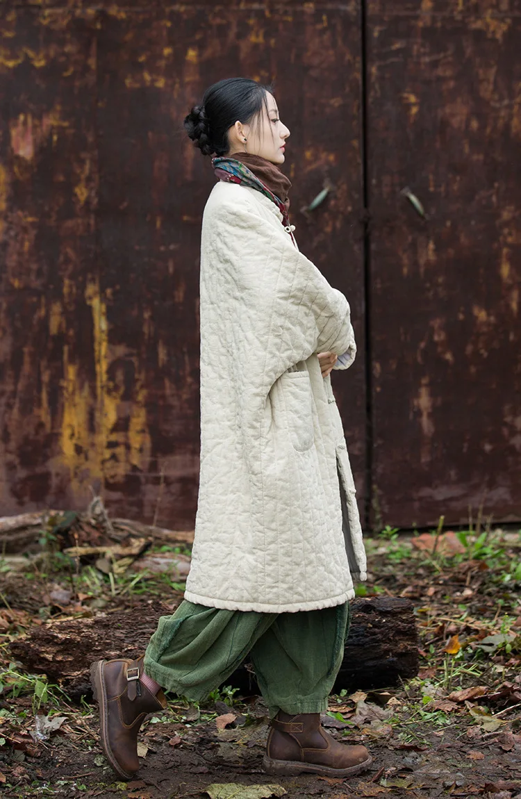 Johnature Women Chinese Style Ramie Cotton Parkas Stand Long Sleeve Winter Coats 2025 New Button Warm Plus Cotton Long Parkas