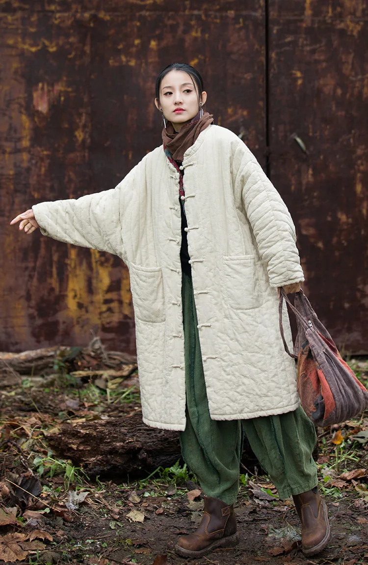 Johnature Women Chinese Style Ramie Cotton Parkas Stand Long Sleeve Winter Coats 2025 New Button Warm Plus Cotton Long Parkas