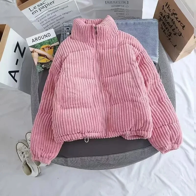 2024 New Winter Warm Thick Parkas Women Fashion Loose Crop Jacket Female Black Cotton Padded Corduroy Elegant Zipper Coat Tops