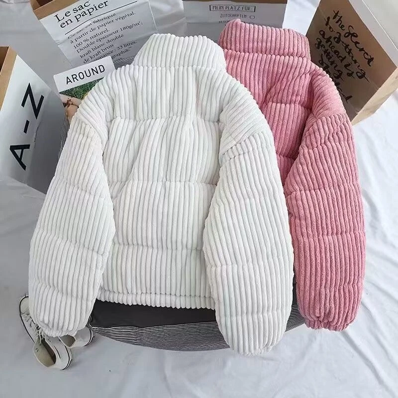2024 New Winter Warm Thick Parkas Women Fashion Loose Crop Jacket Female Black Cotton Padded Corduroy Elegant Zipper Coat Tops