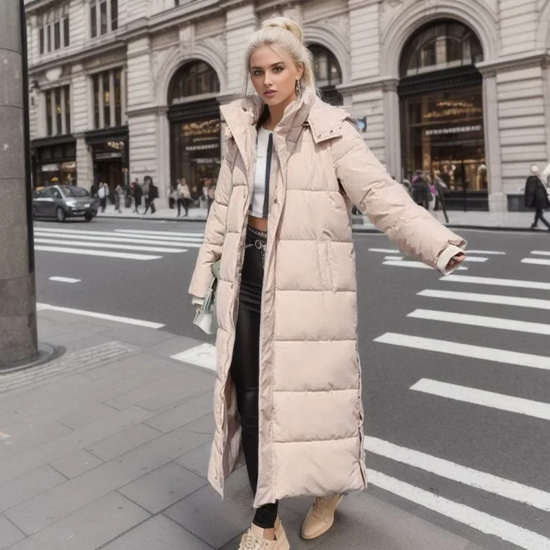 Cotton Coat Long Parka Coat Jacket Women 2024 Autumn Winter Thick Warm Coats Woven Block Trend Hooded White Down Parkas