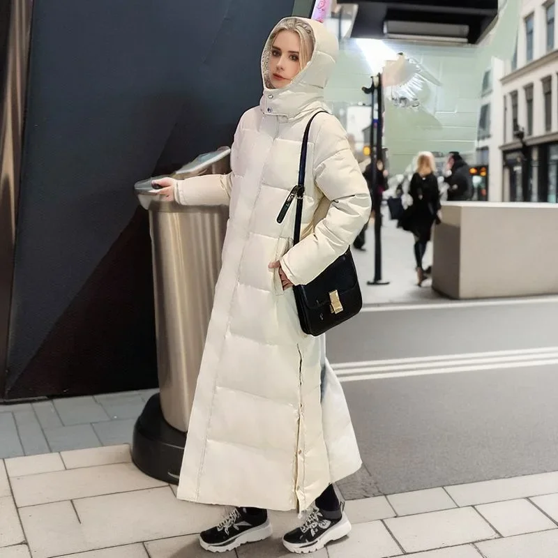 Cotton Coat Long Parka Coat Jacket Women 2024 Autumn Winter Thick Warm Coats Woven Block Trend Hooded White Down Parkas