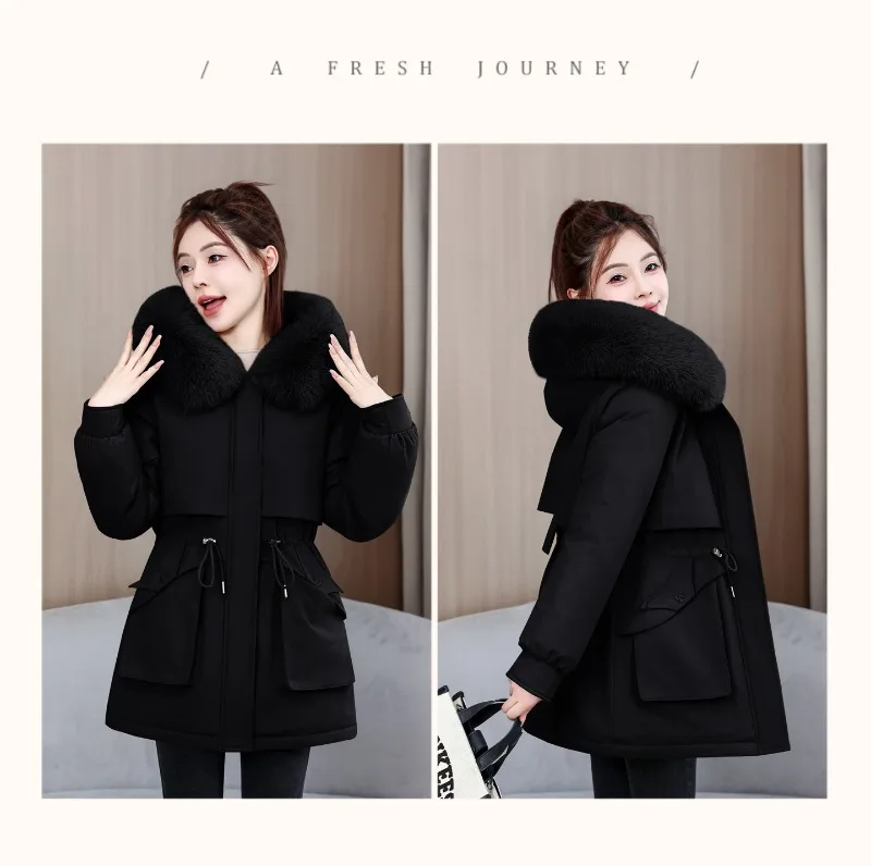 2026 Fashion Women's Winter Parkas Down Cotton-padded Jacket Fleece Thicken Warm Fur Collar Hooded Coats Female Loose Outerwear