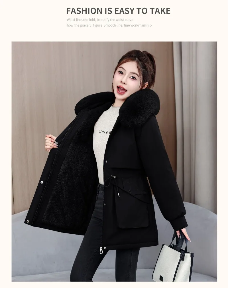 2026 Fashion Women's Winter Parkas Down Cotton-padded Jacket Fleece Thicken Warm Fur Collar Hooded Coats Female Loose Outerwear