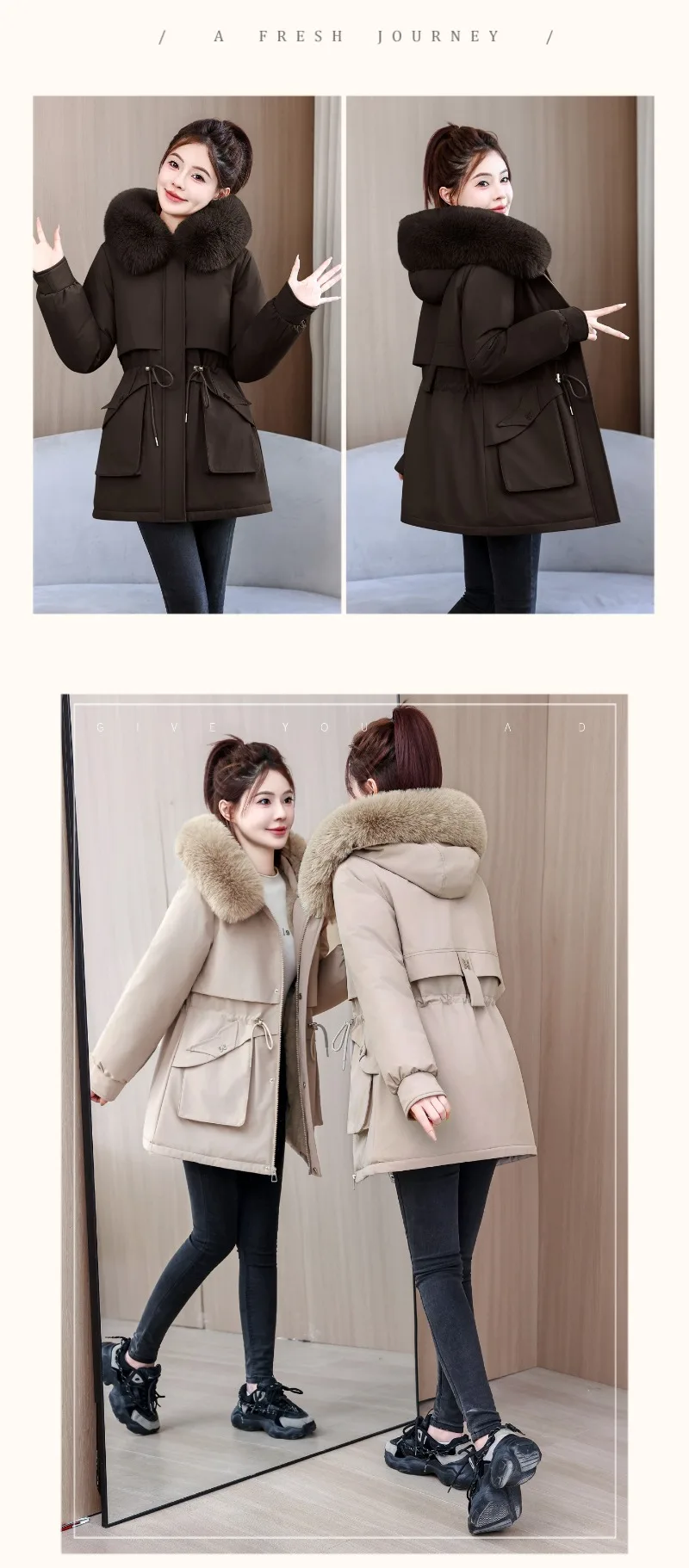 2026 Fashion Women's Winter Parkas Down Cotton-padded Jacket Fleece Thicken Warm Fur Collar Hooded Coats Female Loose Outerwear