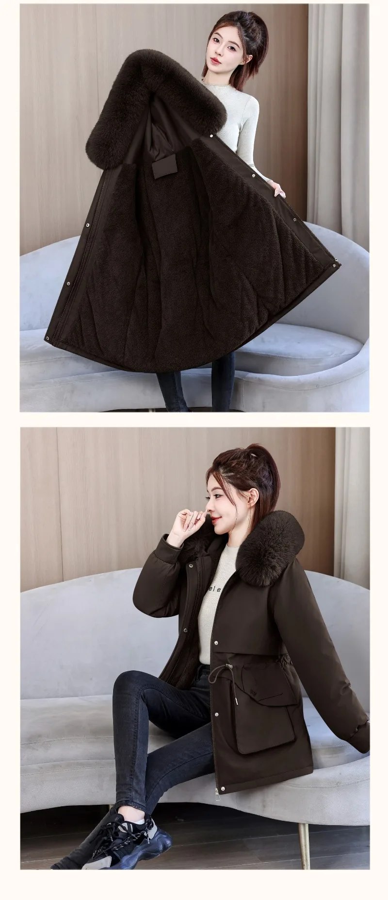 2026 Fashion Women's Winter Parkas Down Cotton-padded Jacket Fleece Thicken Warm Fur Collar Hooded Coats Female Loose Outerwear