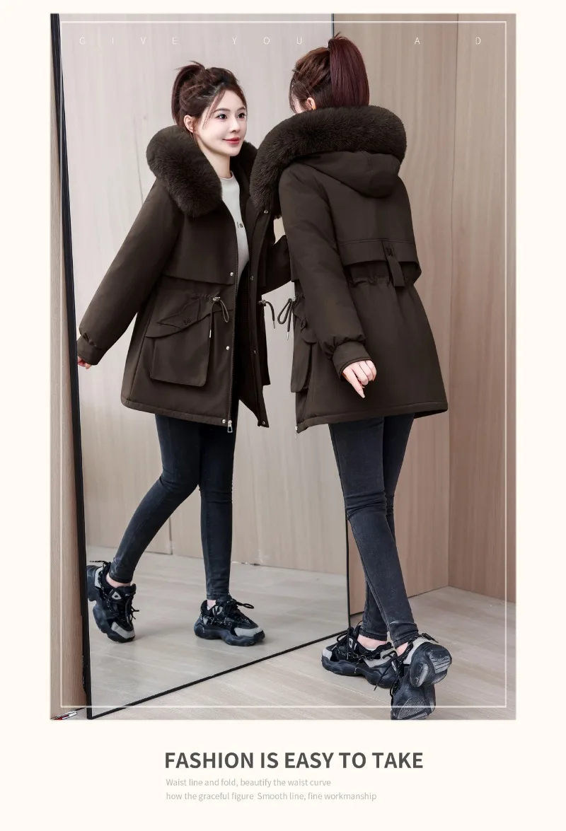 2026 Fashion Women's Winter Parkas Down Cotton-padded Jacket Fleece Thicken Warm Fur Collar Hooded Coats Female Loose Outerwear
