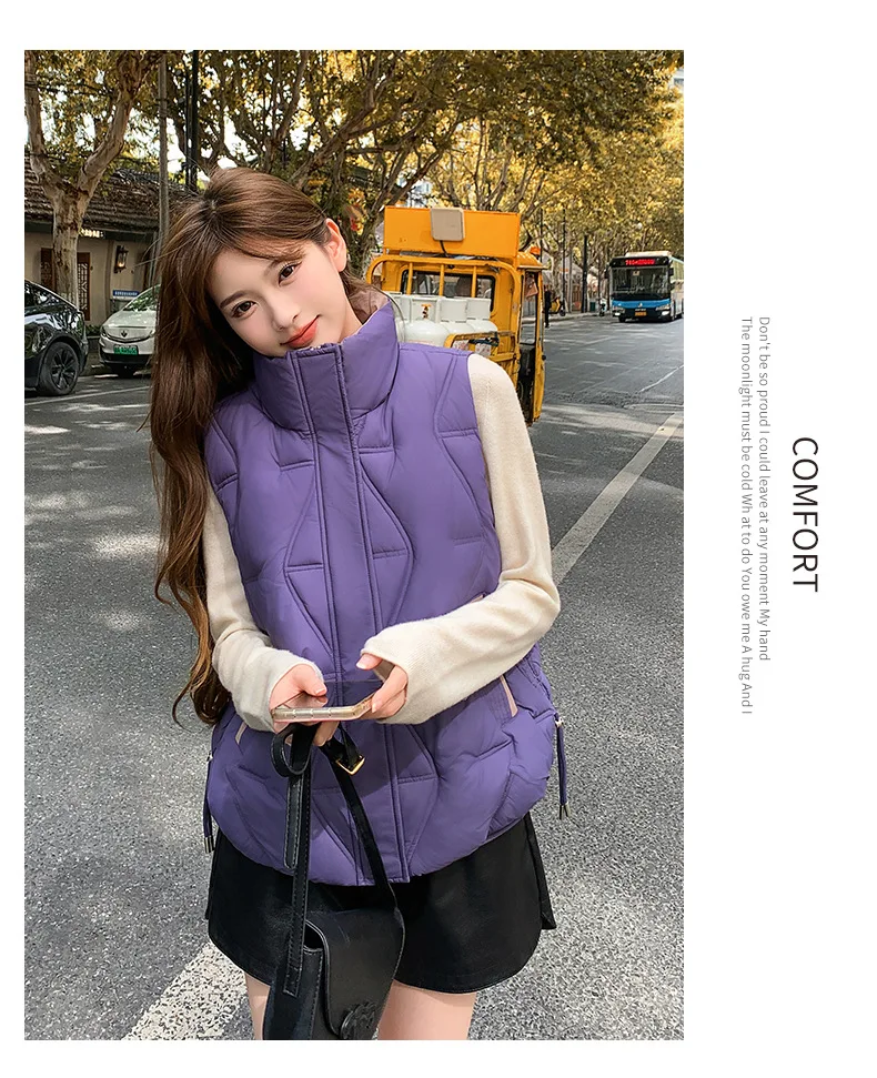 Stand Collar Quilted Puffer Vest Women Sleeveless Gilet Drawstring Hem Side Pockets Relaxed Silhouette Daily Outerwear Trendy