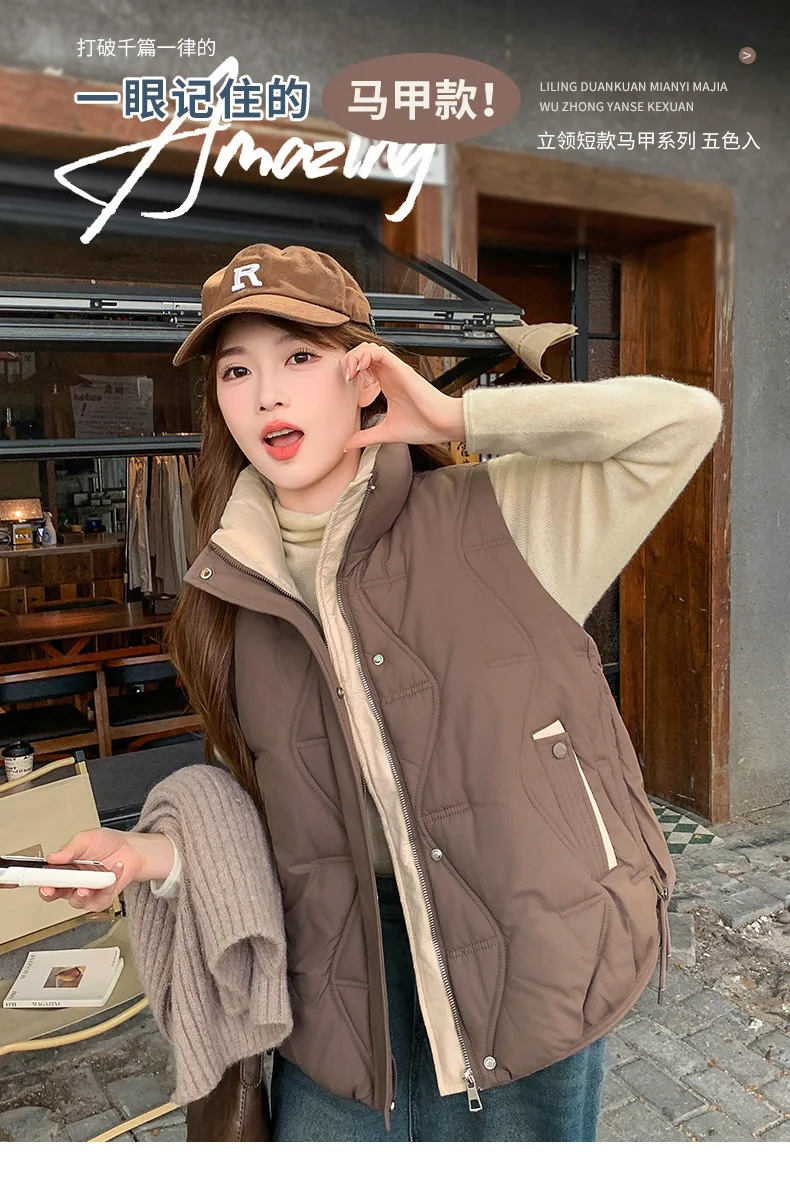 Stand Collar Quilted Puffer Vest Women Sleeveless Gilet Drawstring Hem Side Pockets Relaxed Silhouette Daily Outerwear Trendy