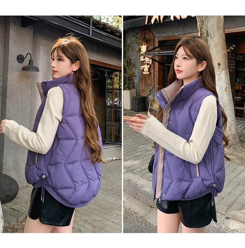 Stand Collar Quilted Puffer Vest Women Sleeveless Gilet Drawstring Hem Side Pockets Relaxed Silhouette Daily Outerwear Trendy