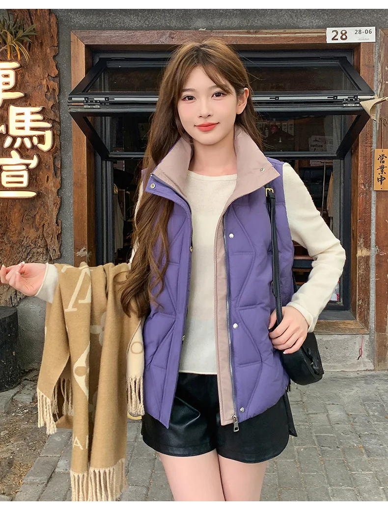 Stand Collar Quilted Puffer Vest Women Sleeveless Gilet Drawstring Hem Side Pockets Relaxed Silhouette Daily Outerwear Trendy