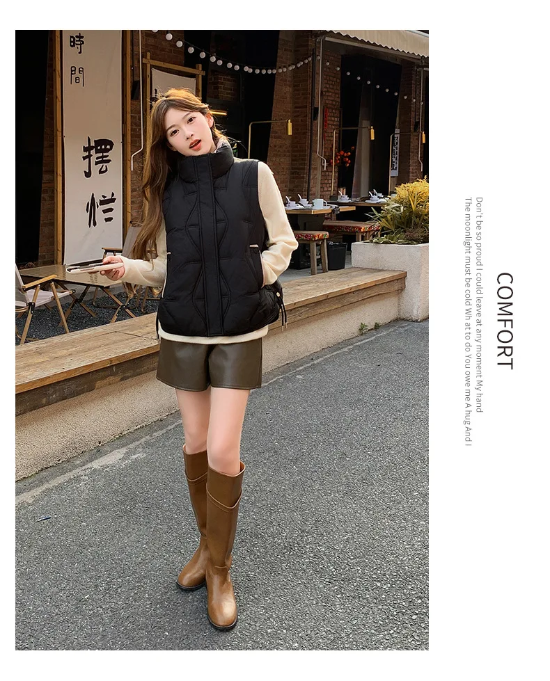 Stand Collar Quilted Puffer Vest Women Sleeveless Gilet Drawstring Hem Side Pockets Relaxed Silhouette Daily Outerwear Trendy