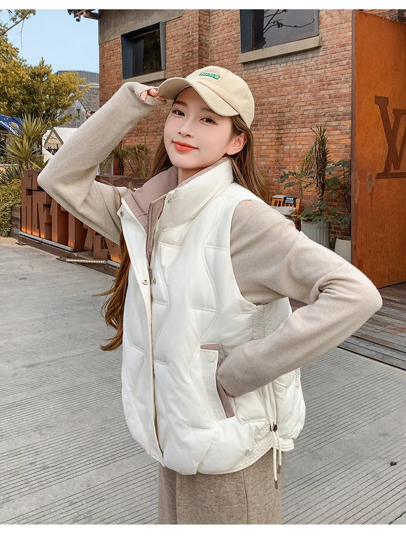 Stand Collar Quilted Puffer Vest Women Sleeveless Gilet Drawstring Hem Side Pockets Relaxed Silhouette Daily Outerwear Trendy
