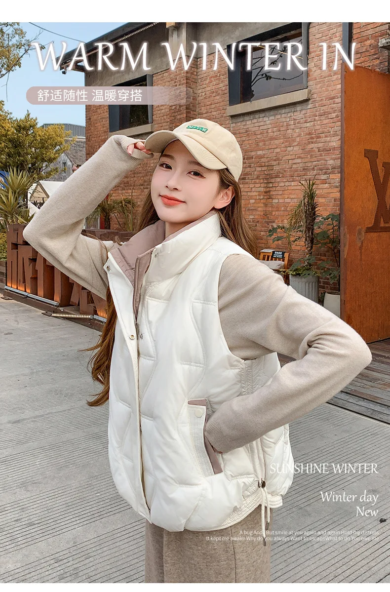 Stand Collar Quilted Puffer Vest Women Sleeveless Gilet Drawstring Hem Side Pockets Relaxed Silhouette Daily Outerwear Trendy