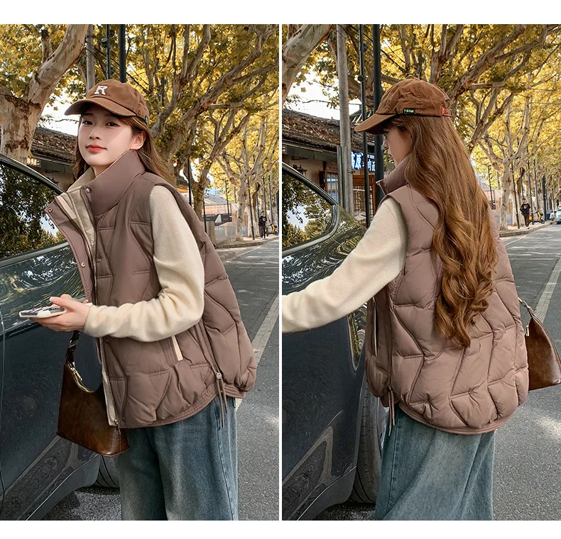Stand Collar Quilted Puffer Vest Women Sleeveless Gilet Drawstring Hem Side Pockets Relaxed Silhouette Daily Outerwear Trendy
