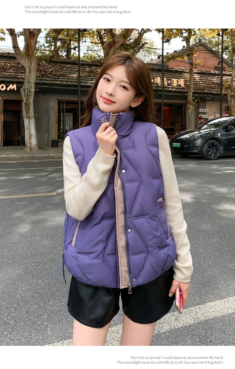 Stand Collar Quilted Puffer Vest Women Sleeveless Gilet Drawstring Hem Side Pockets Relaxed Silhouette Daily Outerwear Trendy