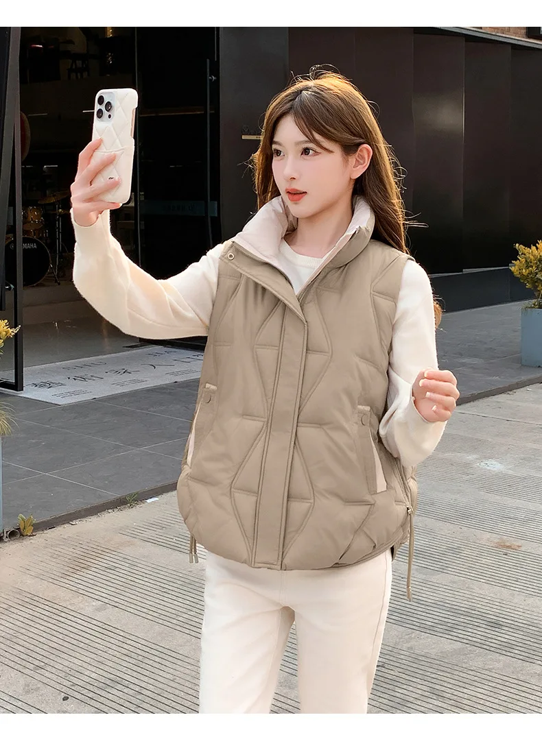 Stand Collar Quilted Puffer Vest Women Sleeveless Gilet Drawstring Hem Side Pockets Relaxed Silhouette Daily Outerwear Trendy