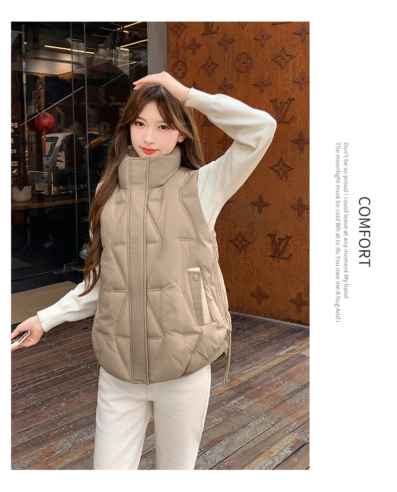 Stand Collar Quilted Puffer Vest Women Sleeveless Gilet Drawstring Hem Side Pockets Relaxed Silhouette Daily Outerwear Trendy