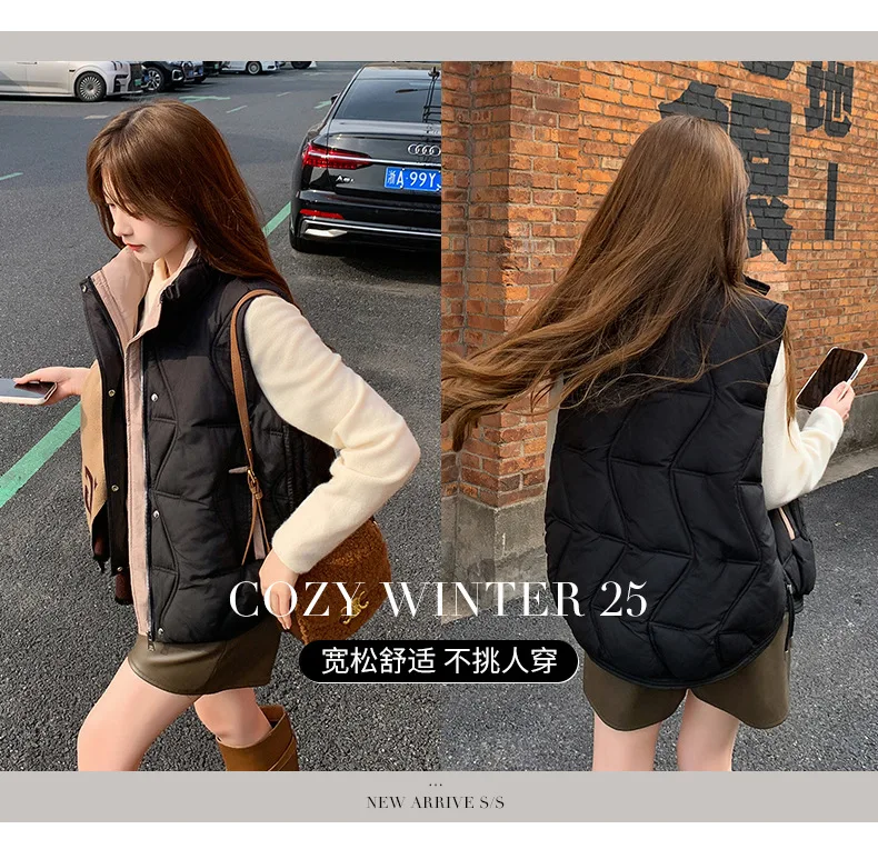 Stand Collar Quilted Puffer Vest Women Sleeveless Gilet Drawstring Hem Side Pockets Relaxed Silhouette Daily Outerwear Trendy