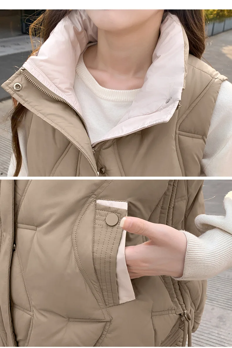Stand Collar Quilted Puffer Vest Women Sleeveless Gilet Drawstring Hem Side Pockets Relaxed Silhouette Daily Outerwear Trendy