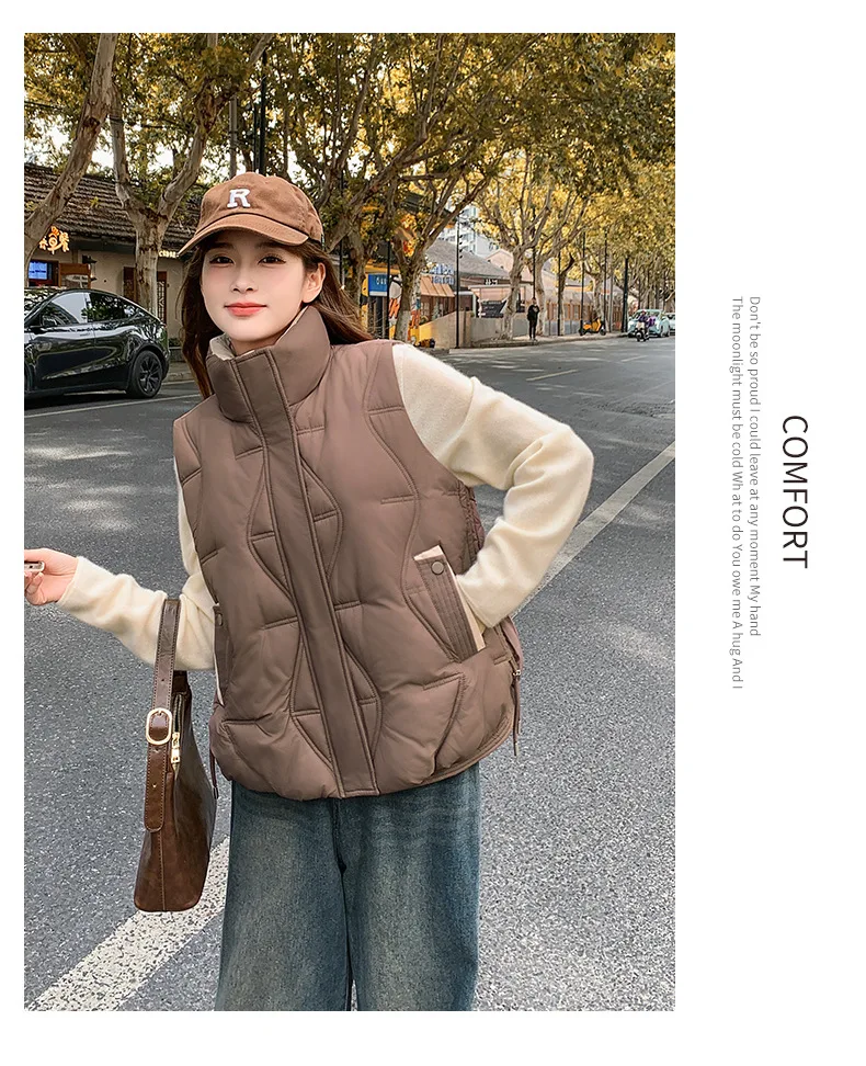 Stand Collar Quilted Puffer Vest Women Sleeveless Gilet Drawstring Hem Side Pockets Relaxed Silhouette Daily Outerwear Trendy