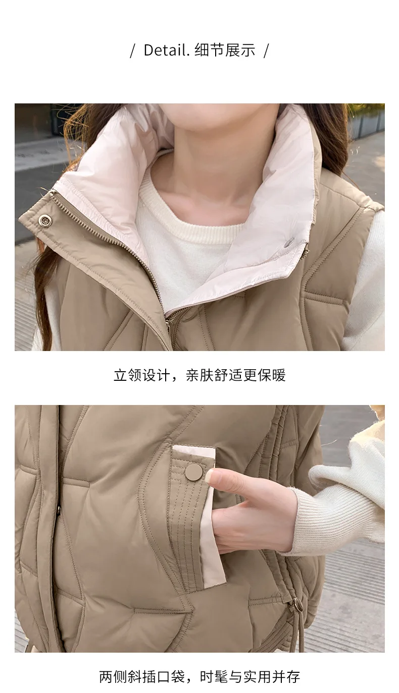 Stand Collar Quilted Puffer Vest Women Sleeveless Gilet Drawstring Hem Side Pockets Relaxed Silhouette Daily Outerwear Trendy