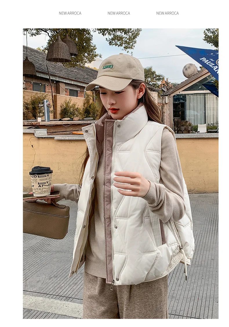 Stand Collar Quilted Puffer Vest Women Sleeveless Gilet Drawstring Hem Side Pockets Relaxed Silhouette Daily Outerwear Trendy