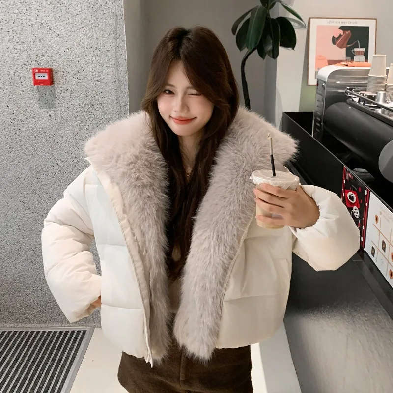 2026 Fashion Big Fur Collar Down Cotton-padded Jacket Women's Winter Short Coat Thicken Warm Parka Student Loose Bread Outerwear