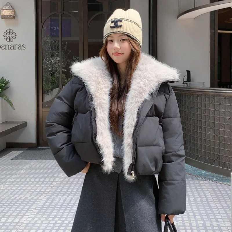 2026 Fashion Big Fur Collar Down Cotton-padded Jacket Women's Winter Short Coat Thicken Warm Parka Student Loose Bread Outerwear