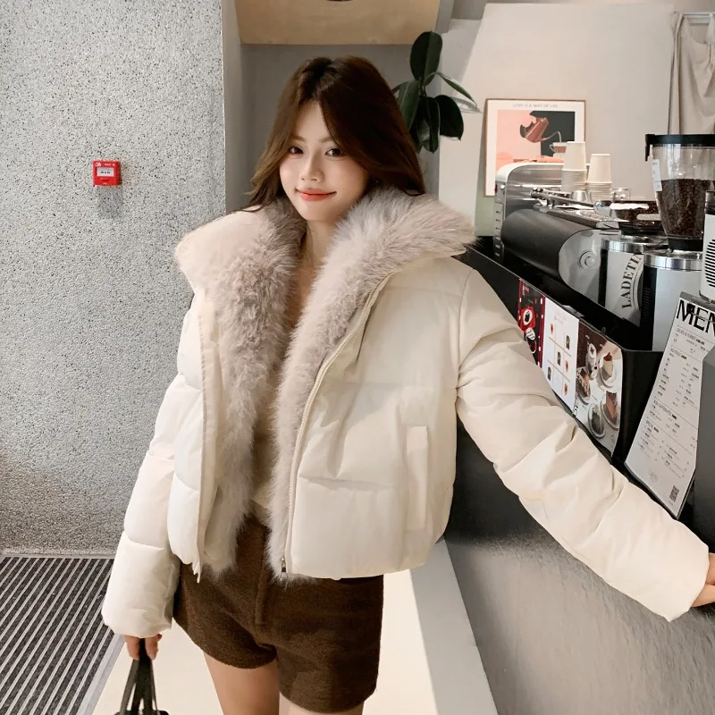 2026 Fashion Big Fur Collar Down Cotton-padded Jacket Women's Winter Short Coat Thicken Warm Parka Student Loose Bread Outerwear