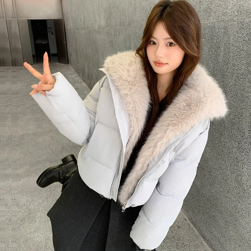 2026 Fashion Big Fur Collar Down Cotton-padded Jacket Women's Winter Short Coat Thicken Warm Parka Student Loose Bread Outerwear
