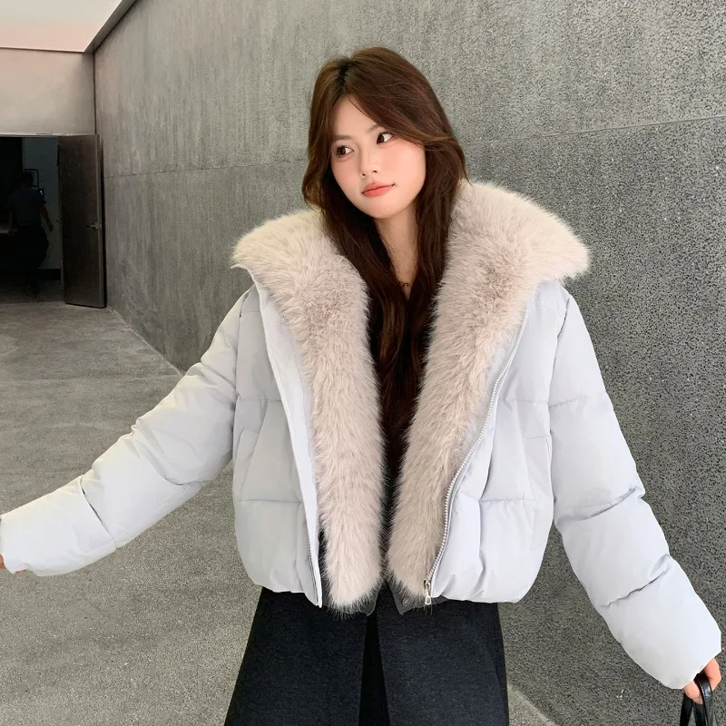 2026 Fashion Big Fur Collar Down Cotton-padded Jacket Women's Winter Short Coat Thicken Warm Parka Student Loose Bread Outerwear