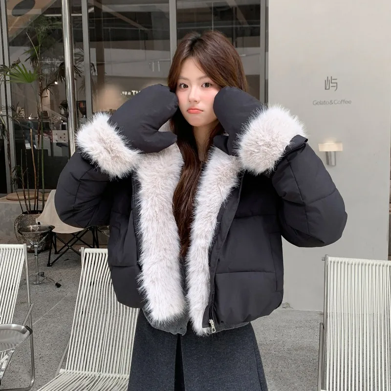 2026 Fashion Big Fur Collar Down Cotton-padded Jacket Women's Winter Short Coat Thicken Warm Parka Student Loose Bread Outerwear