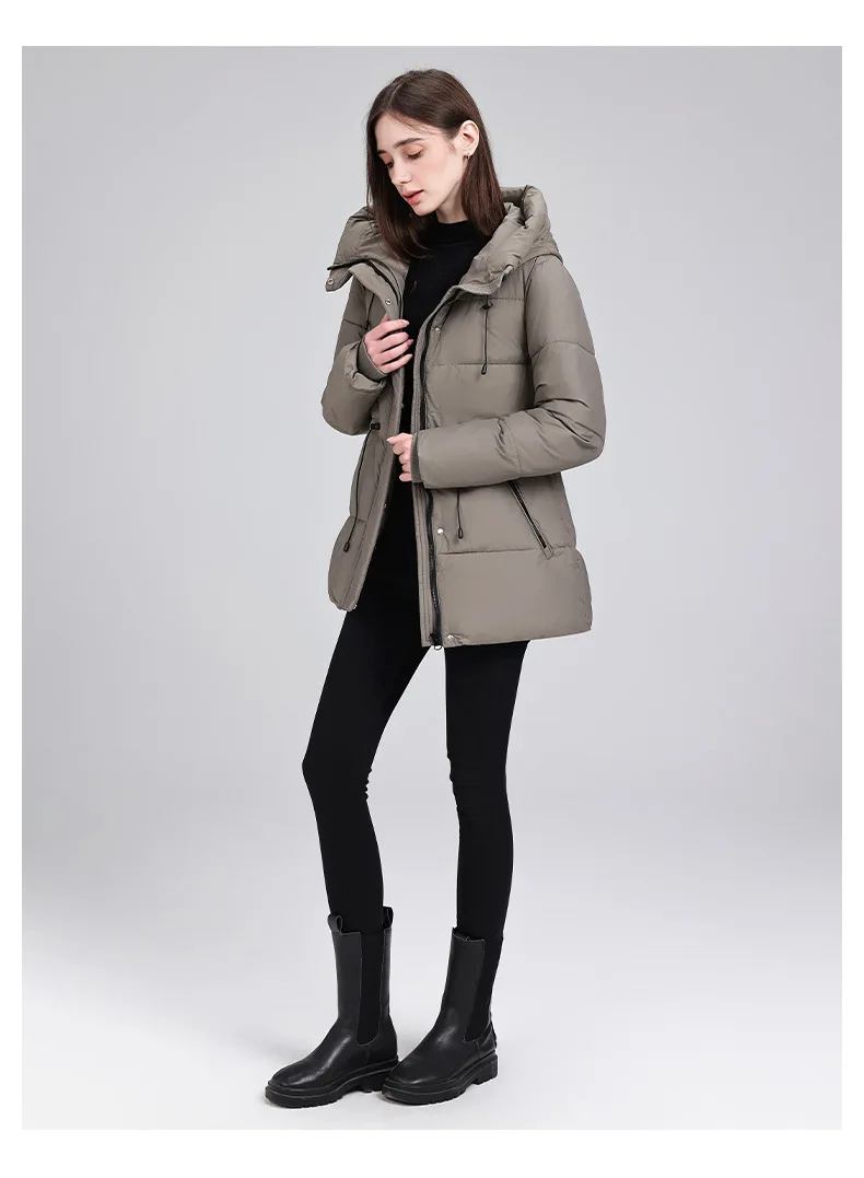 Hooded Mid Length Puffer Coat Women Drawstring Waist Zip Snap Closure Zipper Pockets Loose Fit Winter Parkas Outerwear Trendy