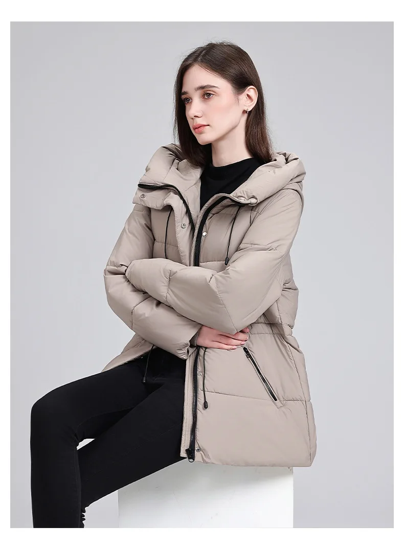 Hooded Mid Length Puffer Coat Women Drawstring Waist Zip Snap Closure Zipper Pockets Loose Fit Winter Parkas Outerwear Trendy