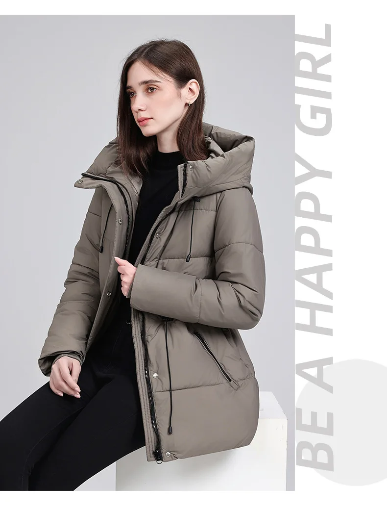 Hooded Mid Length Puffer Coat Women Drawstring Waist Zip Snap Closure Zipper Pockets Loose Fit Winter Parkas Outerwear Trendy