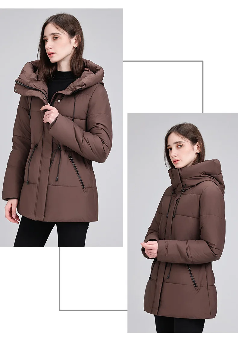 Hooded Mid Length Puffer Coat Women Drawstring Waist Zip Snap Closure Zipper Pockets Loose Fit Winter Parkas Outerwear Trendy