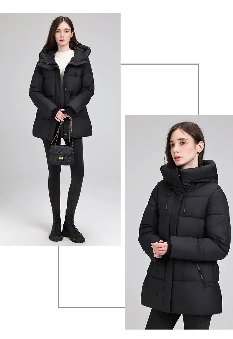 Hooded Mid Length Puffer Coat Women Drawstring Waist Zip Snap Closure Zipper Pockets Loose Fit Winter Parkas Outerwear Trendy