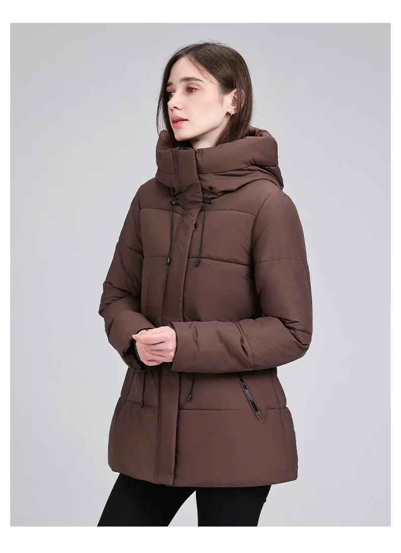 Hooded Mid Length Puffer Coat Women Drawstring Waist Zip Snap Closure Zipper Pockets Loose Fit Winter Parkas Outerwear Trendy