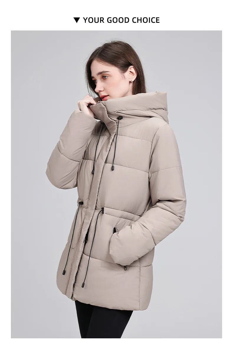 Hooded Mid Length Puffer Coat Women Drawstring Waist Zip Snap Closure Zipper Pockets Loose Fit Winter Parkas Outerwear Trendy