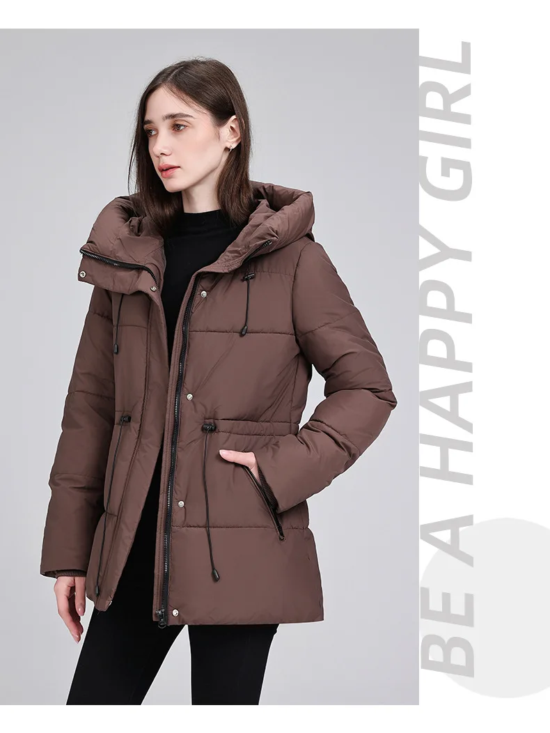 Hooded Mid Length Puffer Coat Women Drawstring Waist Zip Snap Closure Zipper Pockets Loose Fit Winter Parkas Outerwear Trendy