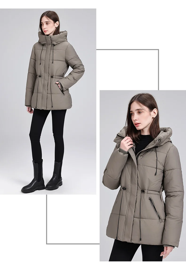 Hooded Mid Length Puffer Coat Women Drawstring Waist Zip Snap Closure Zipper Pockets Loose Fit Winter Parkas Outerwear Trendy