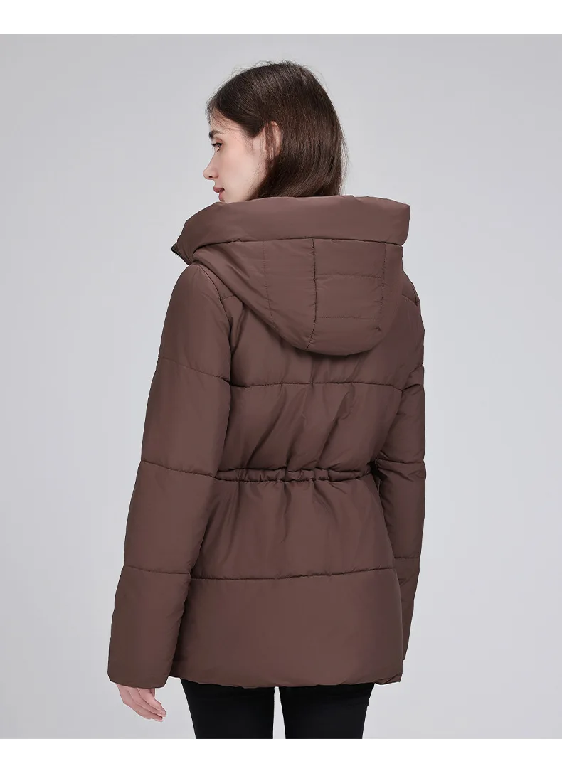 Hooded Mid Length Puffer Coat Women Drawstring Waist Zip Snap Closure Zipper Pockets Loose Fit Winter Parkas Outerwear Trendy