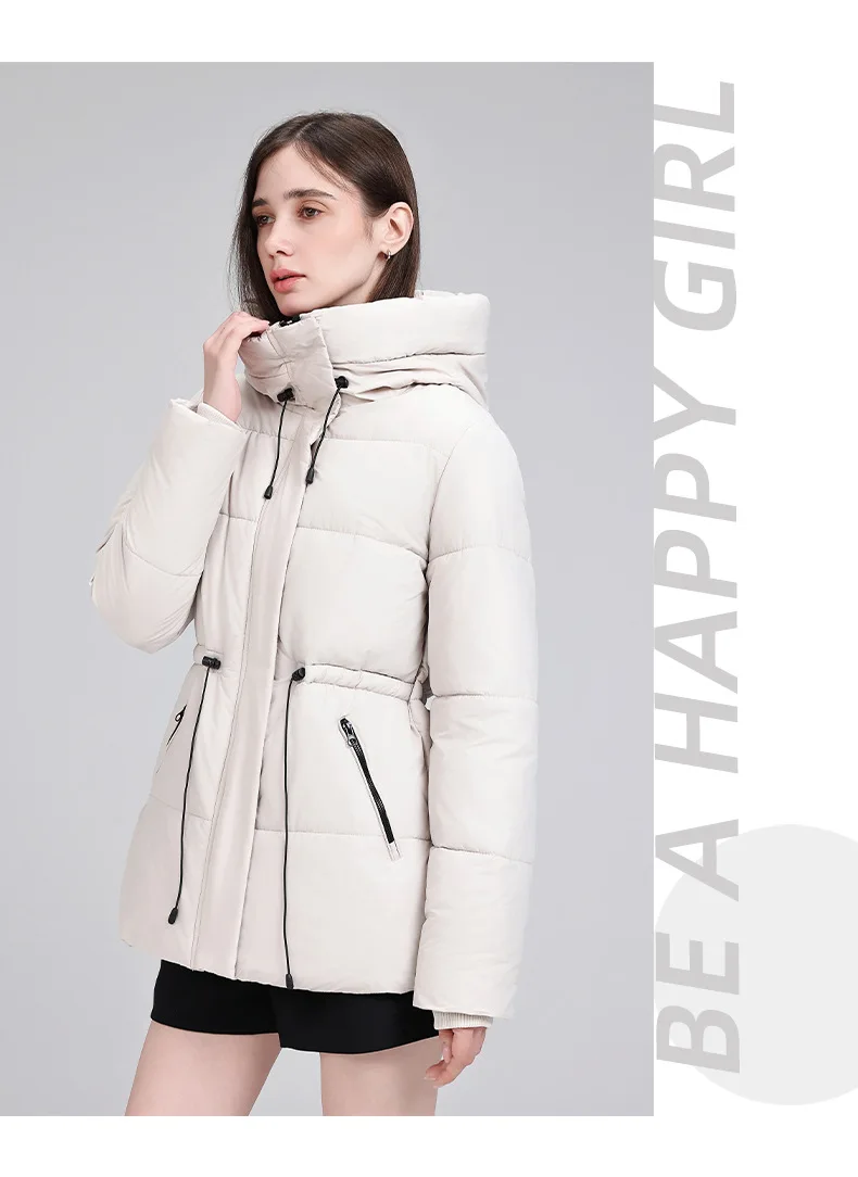 Hooded Mid Length Puffer Coat Women Drawstring Waist Zip Snap Closure Zipper Pockets Loose Fit Winter Parkas Outerwear Trendy