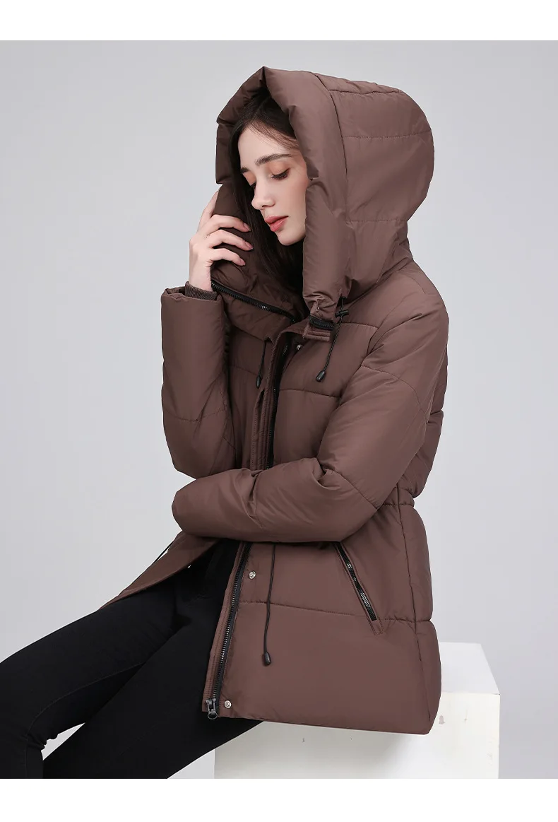 Hooded Mid Length Puffer Coat Women Drawstring Waist Zip Snap Closure Zipper Pockets Loose Fit Winter Parkas Outerwear Trendy