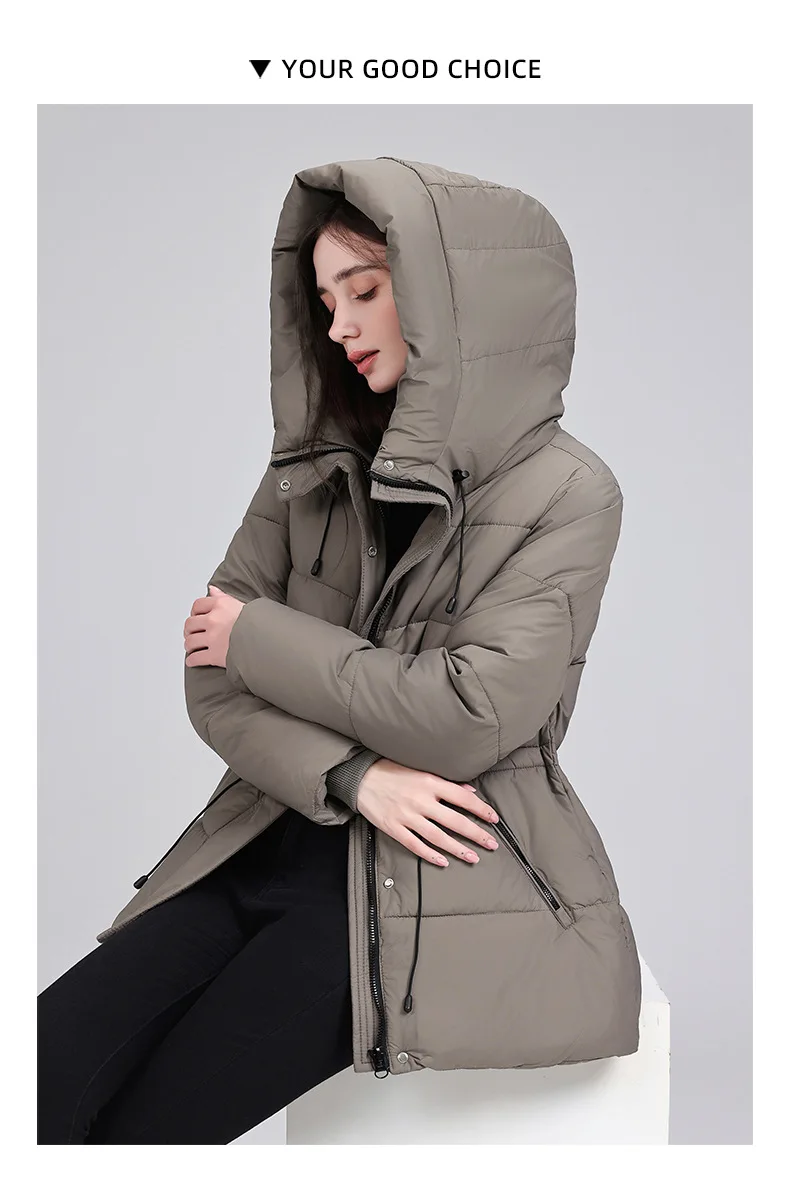 Hooded Mid Length Puffer Coat Women Drawstring Waist Zip Snap Closure Zipper Pockets Loose Fit Winter Parkas Outerwear Trendy